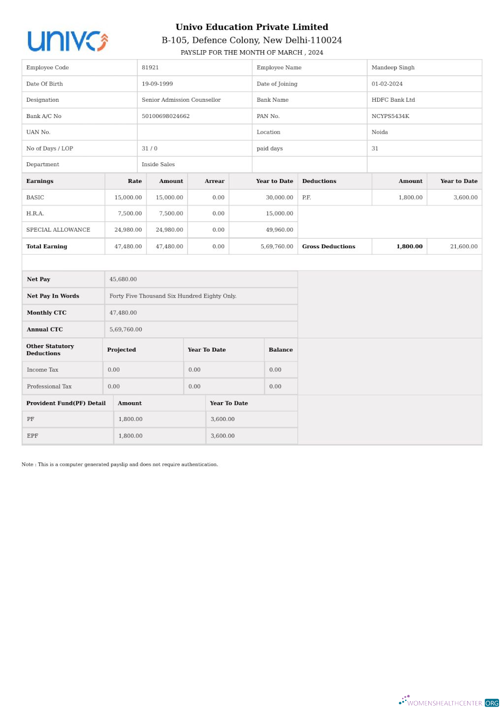 Download Univo Education payslip template in Word and PDF formats.pdf, 1 Photoshop template